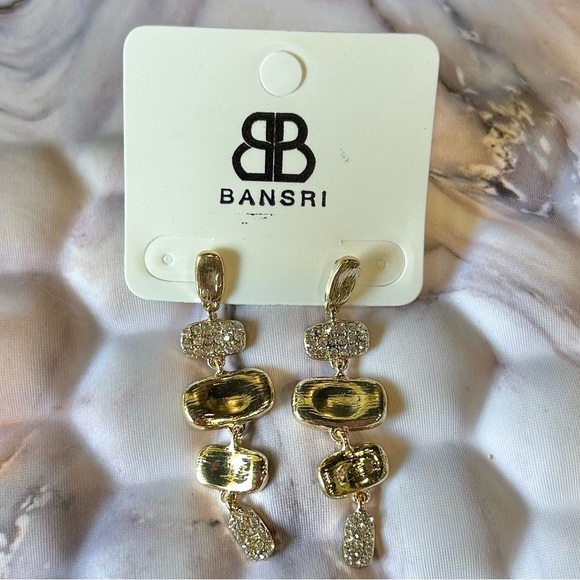 NWT Bansri Gold Clear Crystal Accent Dangle Tiered Statement Earrings - Picture 2 of 6